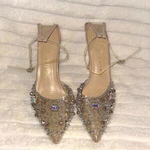 Azalea Wang Clear Studded Crystal Popstar Stiletto Heels Nude 10 Pointy Toe